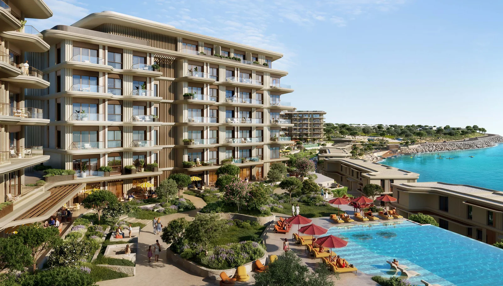 مساكن Waterfront وحدائقها حول حمام السباحة